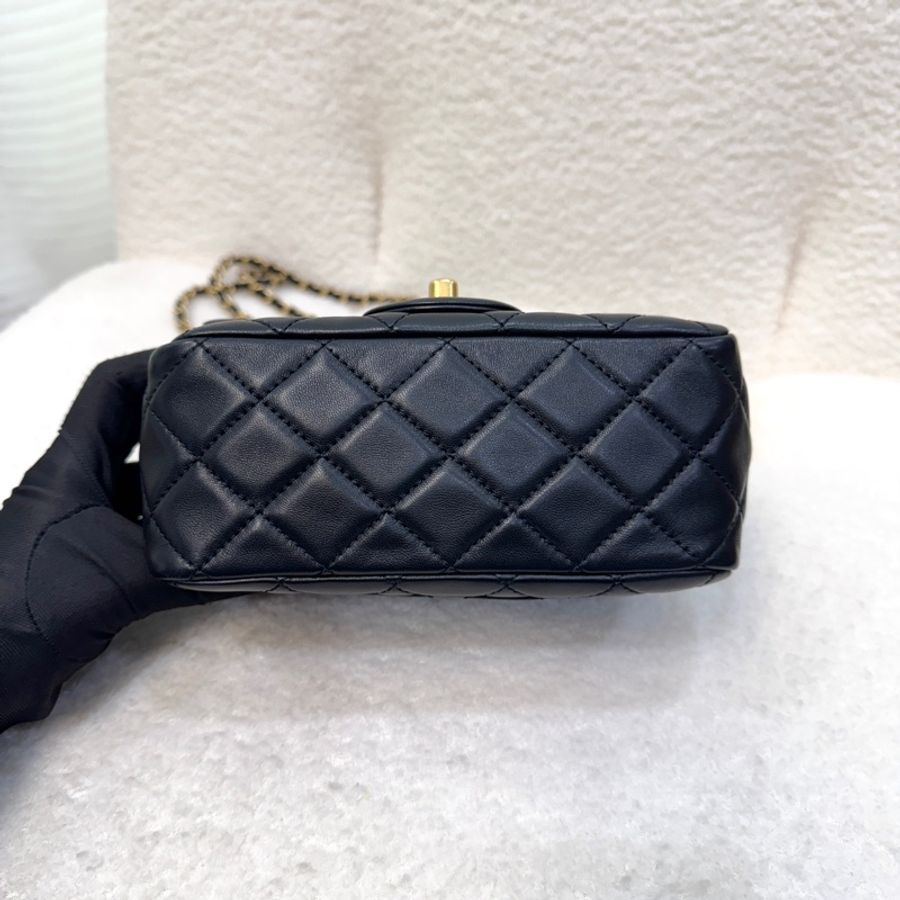 🖤Chanel 香奈兒 黑色 菱格紋 羊皮 金球 Mini 方胖 肩背包 鍊帶包 金釦 AS1786-8