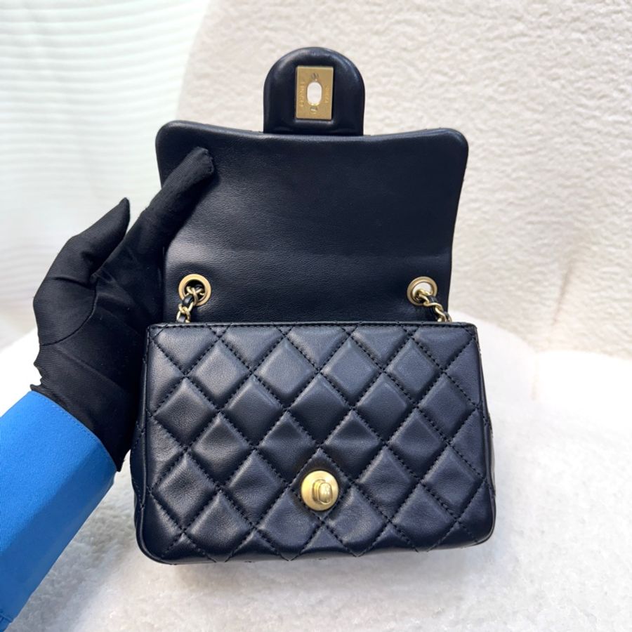 🖤Chanel 香奈兒 黑色 菱格紋 羊皮 金球 Mini 方胖 肩背包 鍊帶包 金釦 AS1786-10