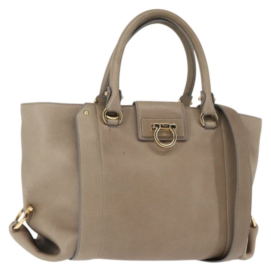 【日本直送】Salvatore Ferragamo Gancini 手提包 皮革 兩用 米色 金色 正品 sw1593-0