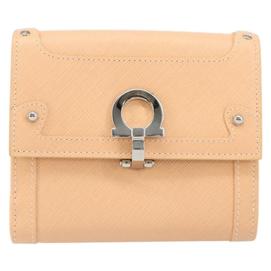 【日本直送】Salvatore Ferragamo Gancini 粉紅真皮雙折錢包,正品編號 145554-12