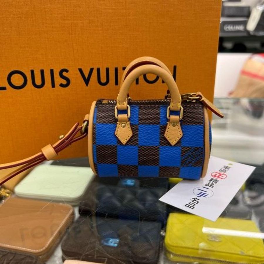 東區正精品㊣LV M01693 Charm Damier Pop Mini Speedy 近全新藍色咖格迷你波士頓小包吊飾 RZ5914-0