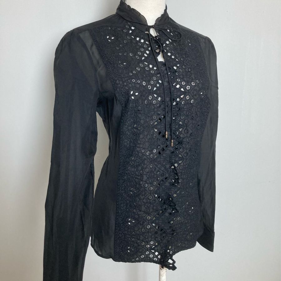 正品GUCCI 黑色布蕾絲很性感的絲質蕾絲襯衫/罩衫外套42號(M~L)-0