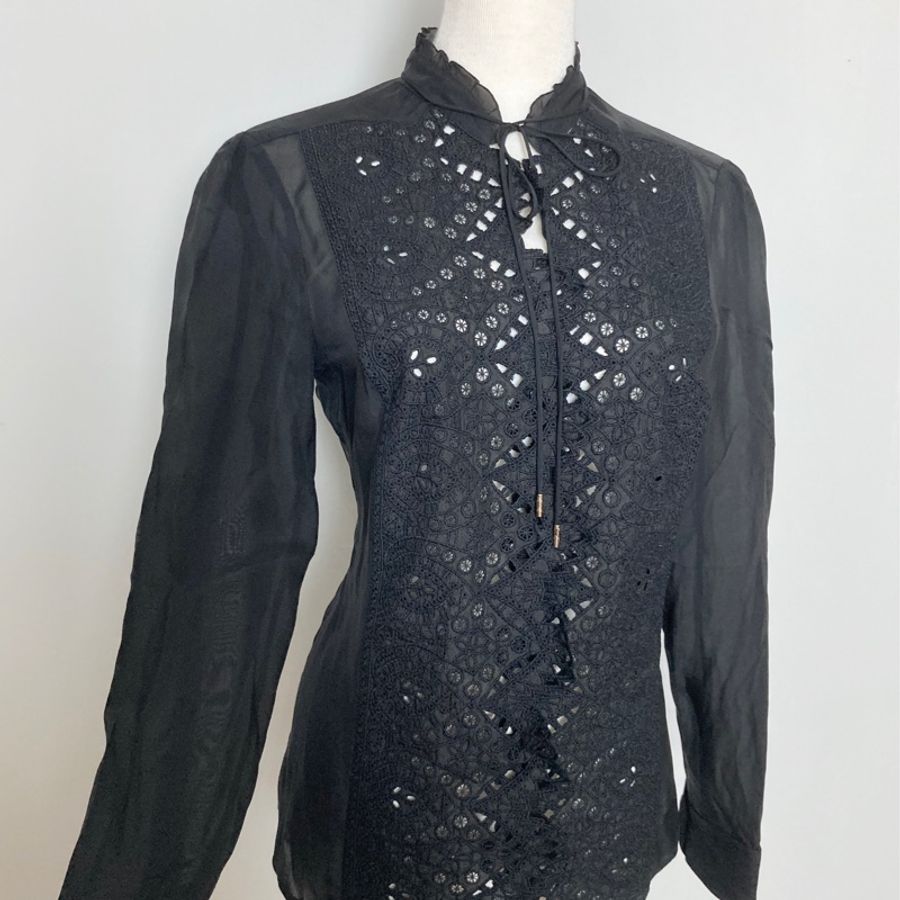 正品GUCCI 黑色布蕾絲很性感的絲質蕾絲襯衫/罩衫外套42號(M~L)-2