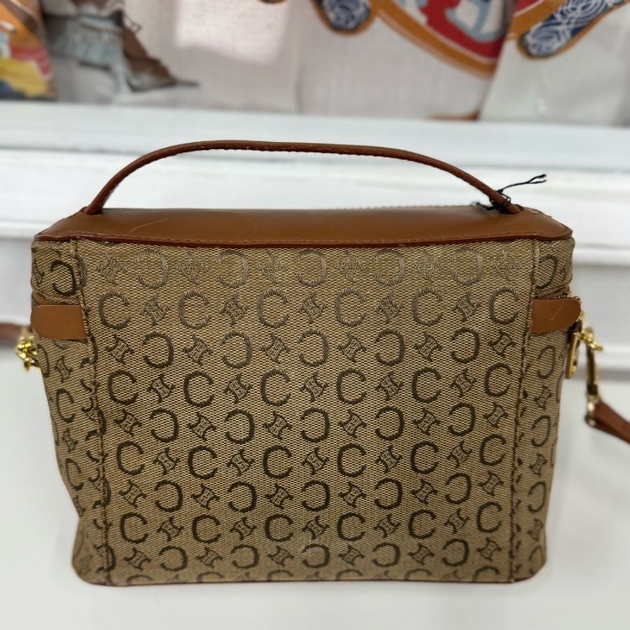 Celine凱旋門手提化妝盒 側背包 棕色真皮帆布塗層 Vanity case-12