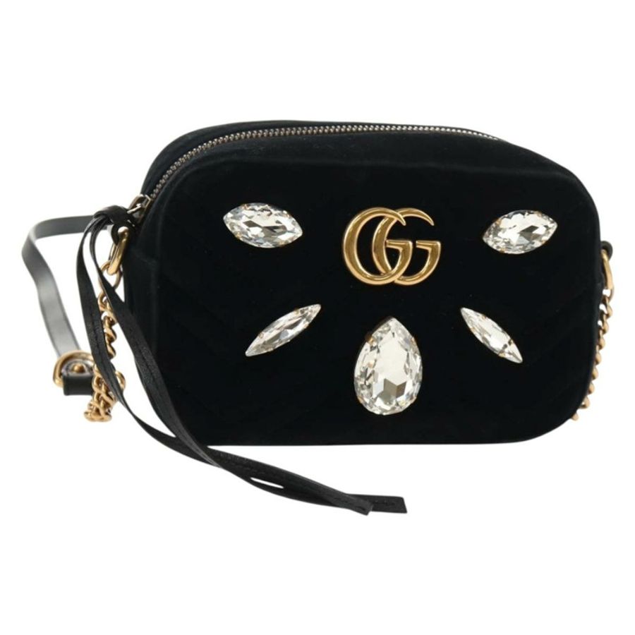 【日本直送】GUCCI GG Marmont 鏈條肩背包 絲絨 黑色 金色 448065 正品 145252M-0