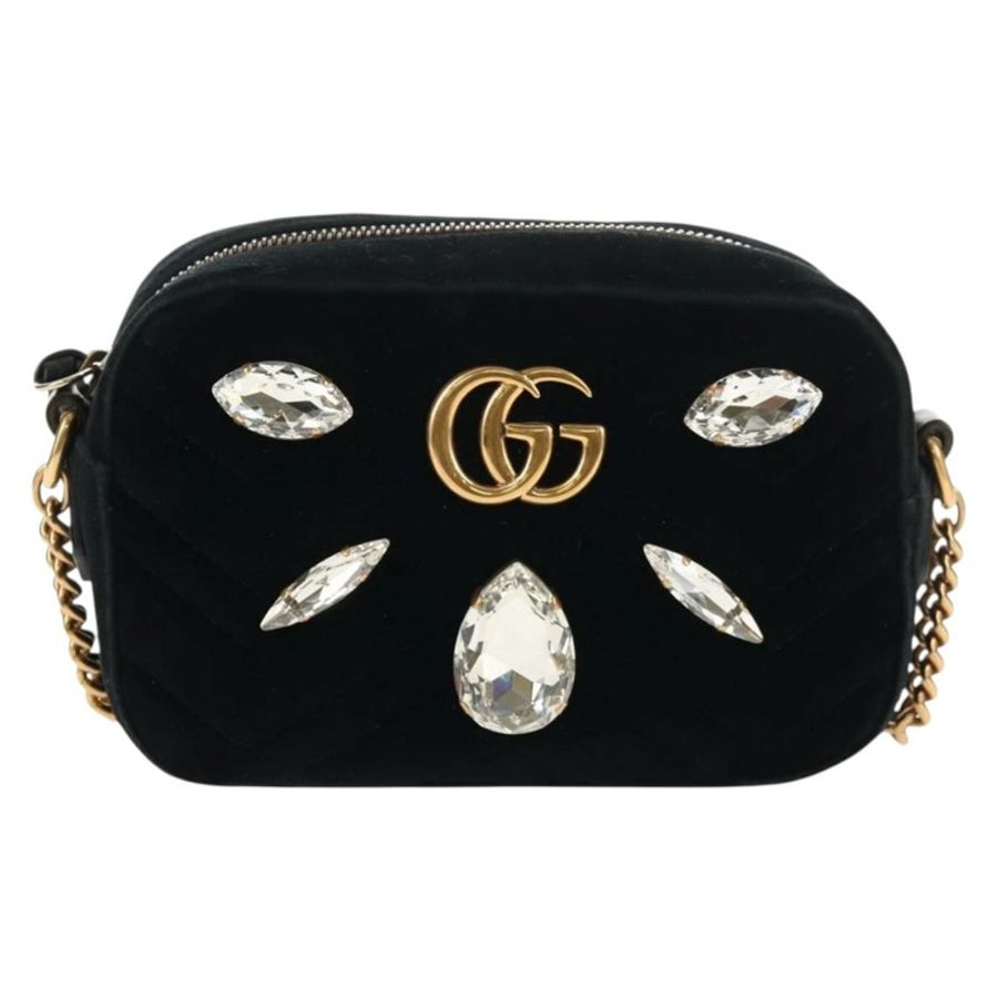 【日本直送】GUCCI GG Marmont 鏈條肩背包 絲絨 黑色 金色 448065 正品 145252M-12