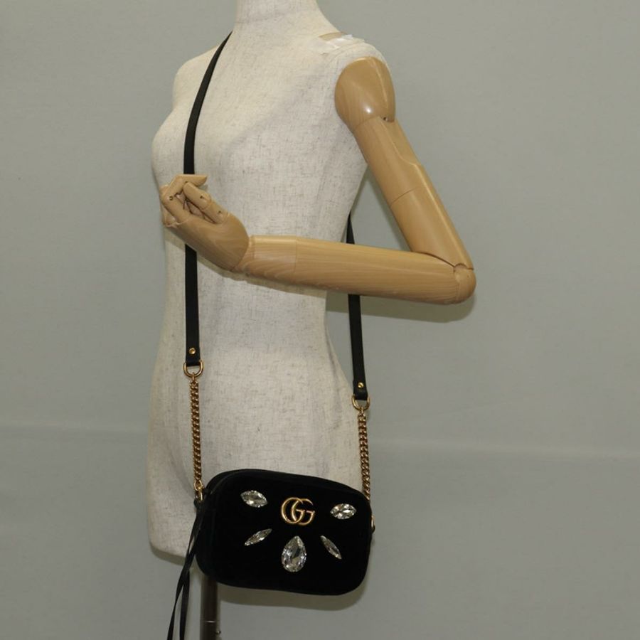 【日本直送】GUCCI GG Marmont 鏈條肩背包 絲絨 黑色 金色 448065 正品 145252M-23