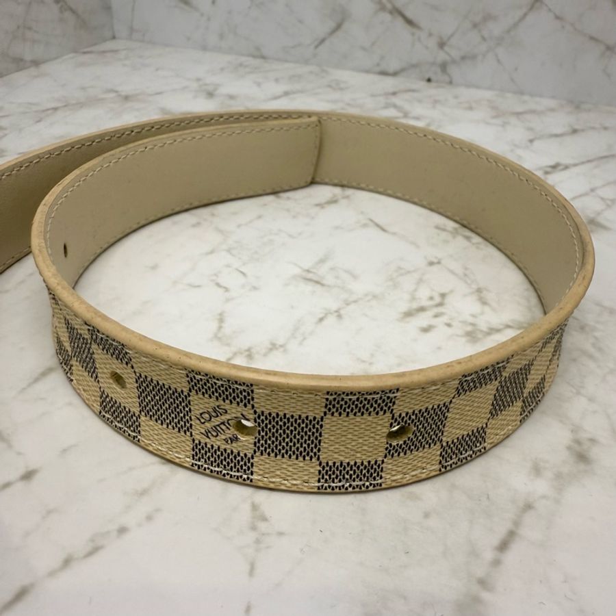 LV 細版金釦白棋盤皮帶-85CM-3