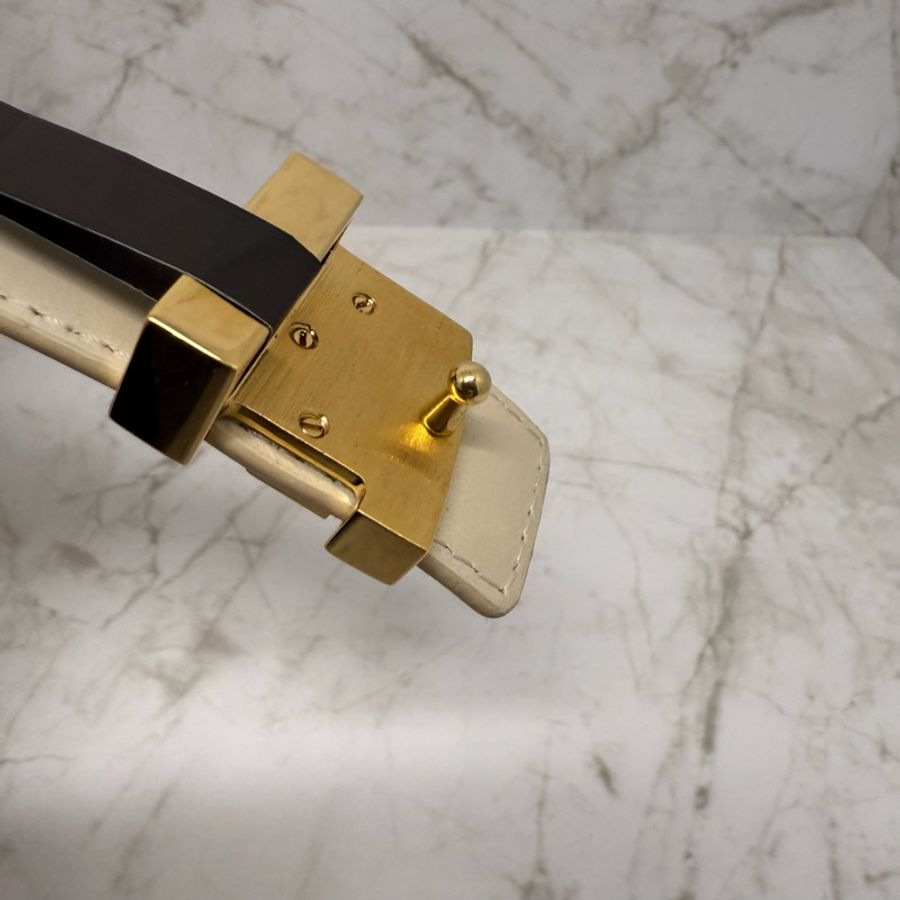 LV 細版金釦白棋盤皮帶-85CM-4