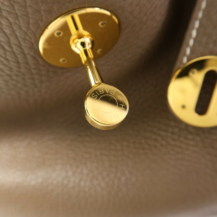 HERMES Clemence皮革Lindy 30金扣手挽肩背兩用袋Etoupe-9