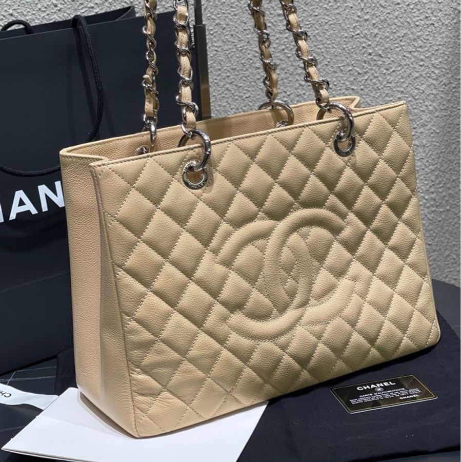 Chanel 米色牛皮荔枝皮 銀扣GST購物袋單肩包 身份卡17開,尺寸約34*24*12-4
