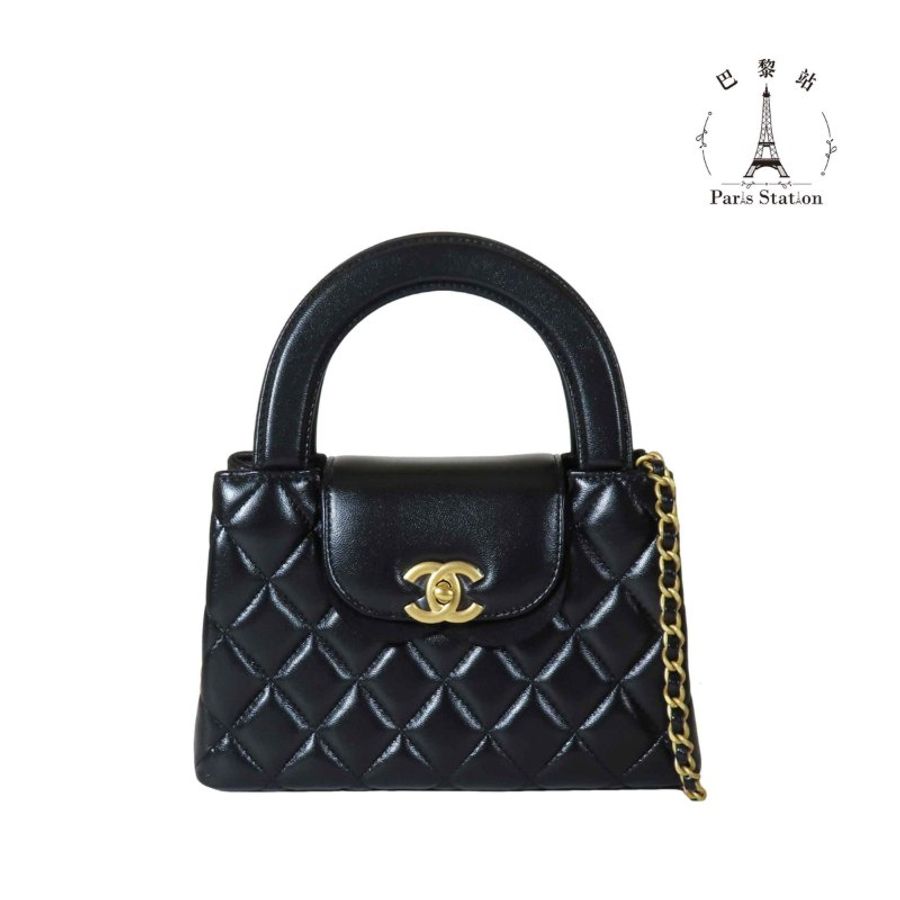 【巴黎站二手名牌專賣店】*全新現貨*CHANEL香奈兒真品*Kelly Mini黑色菱格紋小羊皮金雙C手提兩用包 金鍊斜背包-0