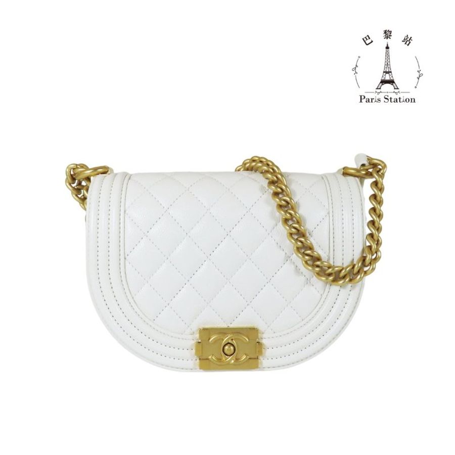 【巴黎站二手名牌專賣店】*現貨*CHANEL香奈兒真品*AS3350白色菱格紋荔枝牛皮金色BOY半圓斜背包-0