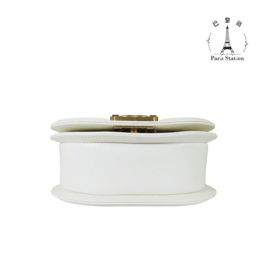 【巴黎站二手名牌專賣店】*現貨*CHANEL香奈兒真品*AS3350白色菱格紋荔枝牛皮金色BOY半圓斜背包-2