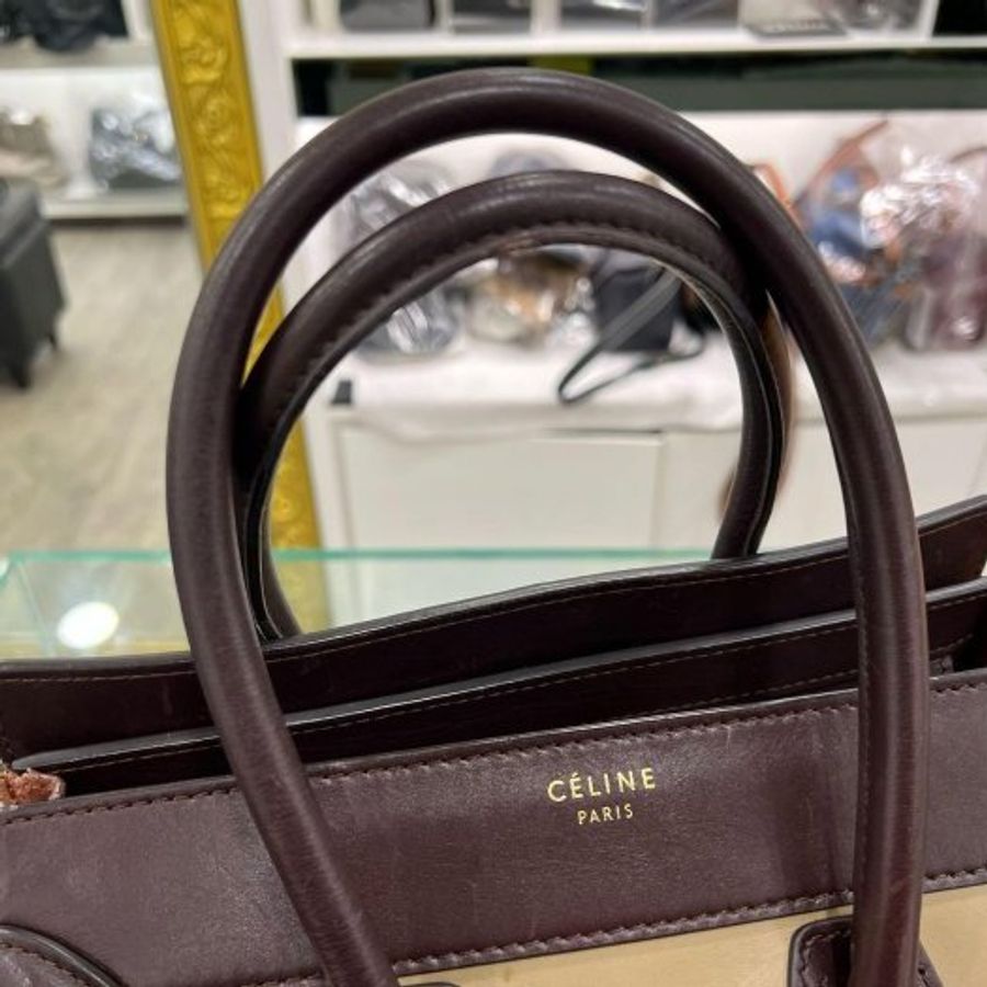 東區正精品㊣CELINE Micro 咖啡色三色牛皮手提包冏包中型 RZ5780-6