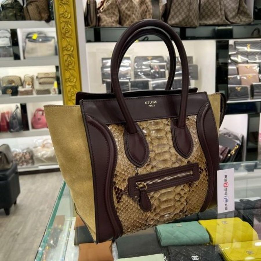 東區正精品㊣CELINE Micro 酒紅色綠色蟒蛇皮拼麂皮手提包冏包中型 RZ4373-0