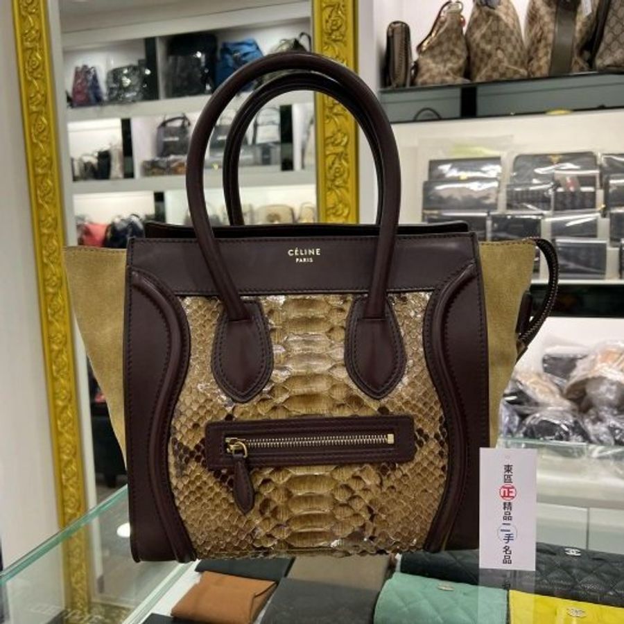 東區正精品㊣CELINE Micro 酒紅色綠色蟒蛇皮拼麂皮手提包冏包中型 RZ4373-1