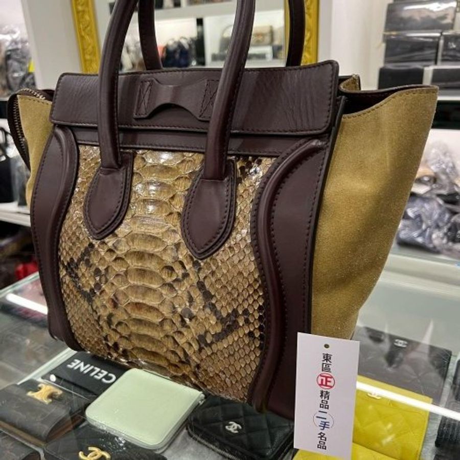 東區正精品㊣CELINE Micro 酒紅色綠色蟒蛇皮拼麂皮手提包冏包中型 RZ4373-7