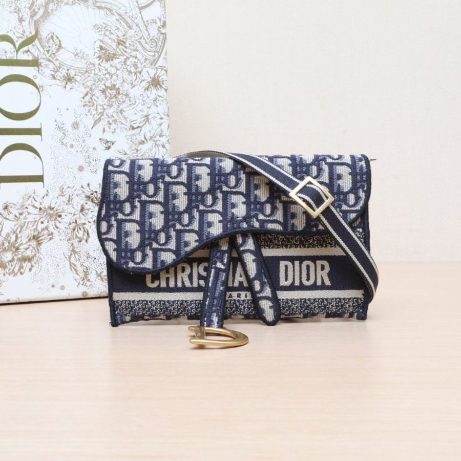 DIOR SADDLE馬鞍腰包21墨藍色帆布金扣2020Oblique印花字母刺繡肩背包-0