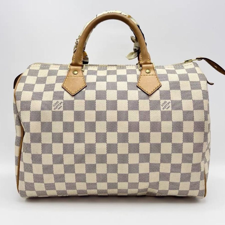 LV speedy30白棋盤格手提包30*20*17 98新配件絲巾塵袋-5