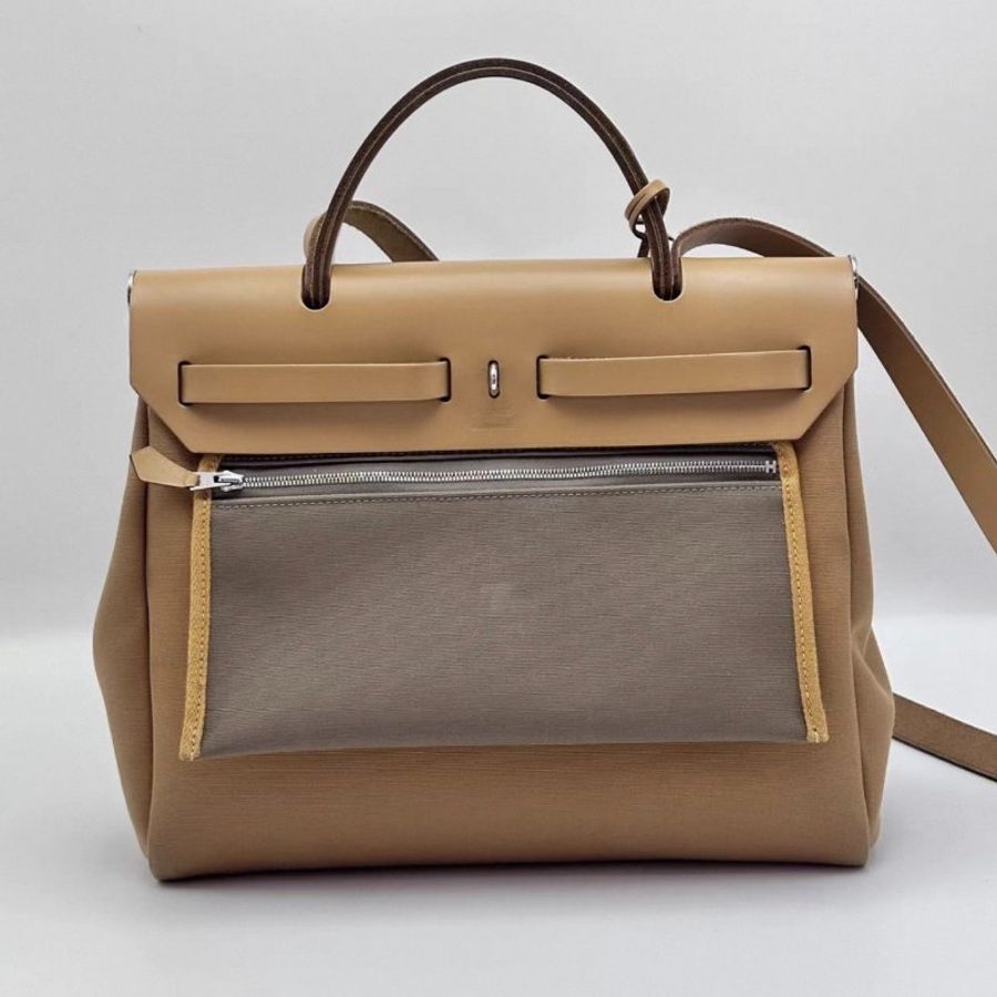 HERMES 帆布拼皮herbag31手提斜背包31*25*11 98新配件塵袋吊牌鎖鑰匙-5