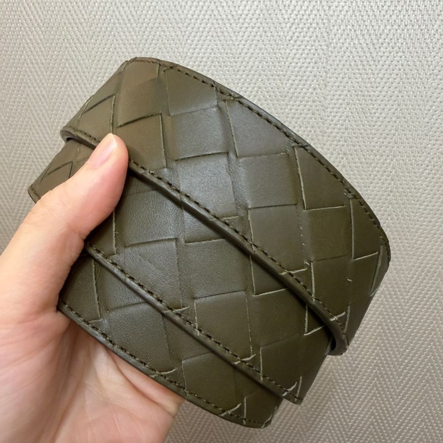 BV 軍綠色牛皮銀釦編織皮帶-3