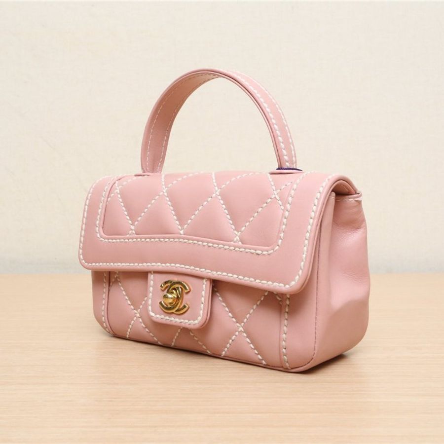 CHANEL 中古外縫線miniKelly手提包粉色9開肩背包-3