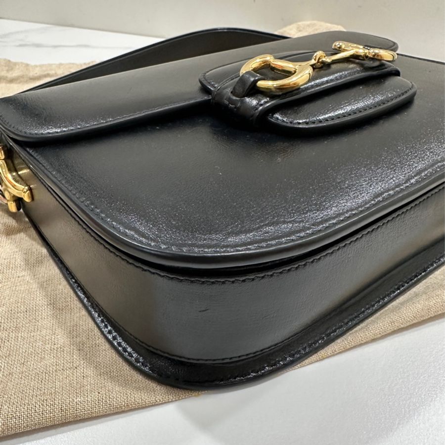 GUCCI Horsebit 1955金扣牛皮黑色肩背包-20