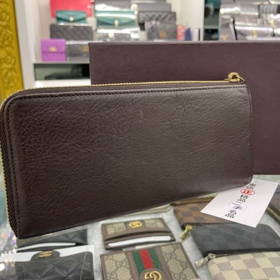 東區正精品㊣MULBERRY 咖啡色全皮圓牌LOGO L型拉鍊長夾皮夾 RA1115-5