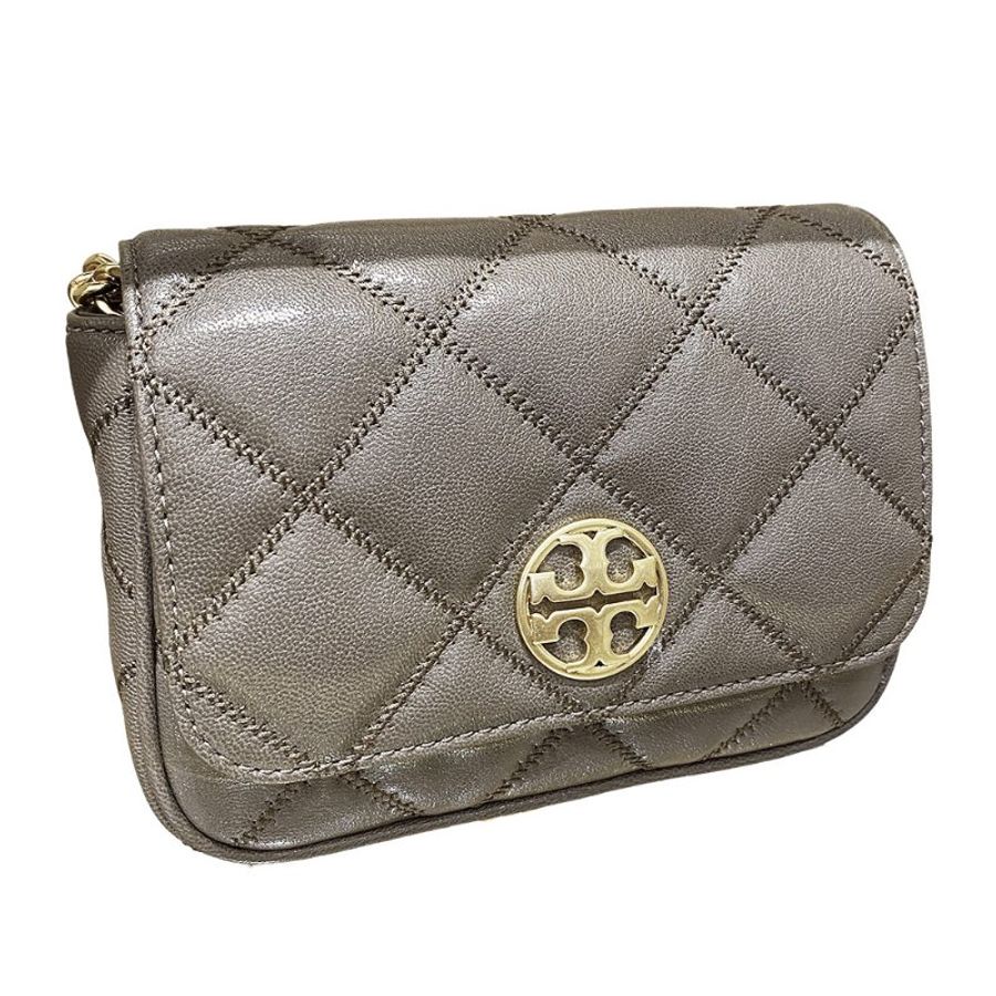 【TORY BURCH】翻蓋菱格紋皮革斜背包-岩石灰-0
