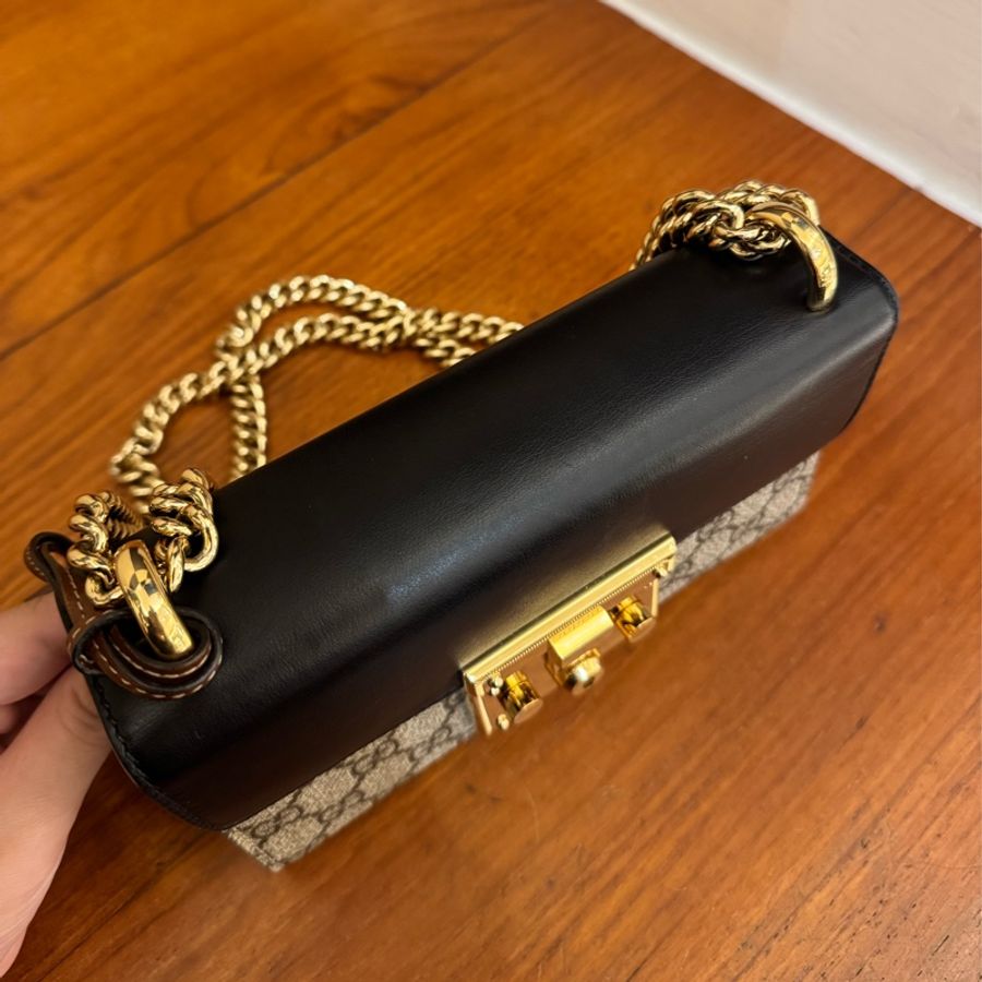 Gucci黑/咖皮革拼pvc padlock斜背包-2