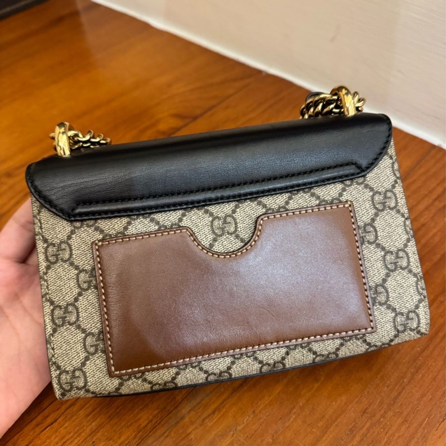 Gucci黑/咖皮革拼pvc padlock斜背包-6