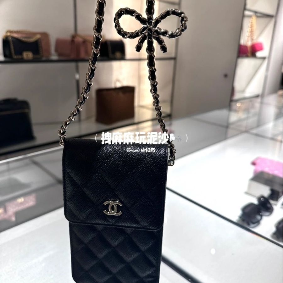 香奈兒 23S 蝴蝶結 荔枝紋牛皮手機包 斜背包-1