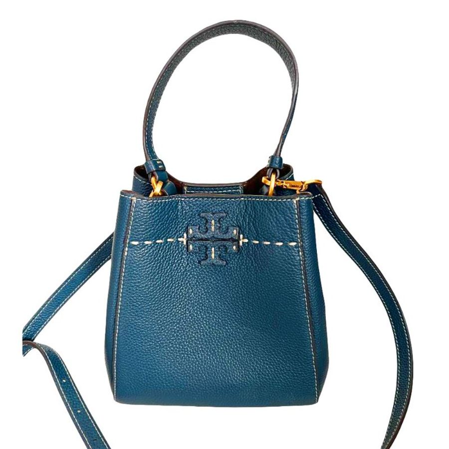 【TORY BURCH】荔枝紋皮革水桶包-藍綠色-0