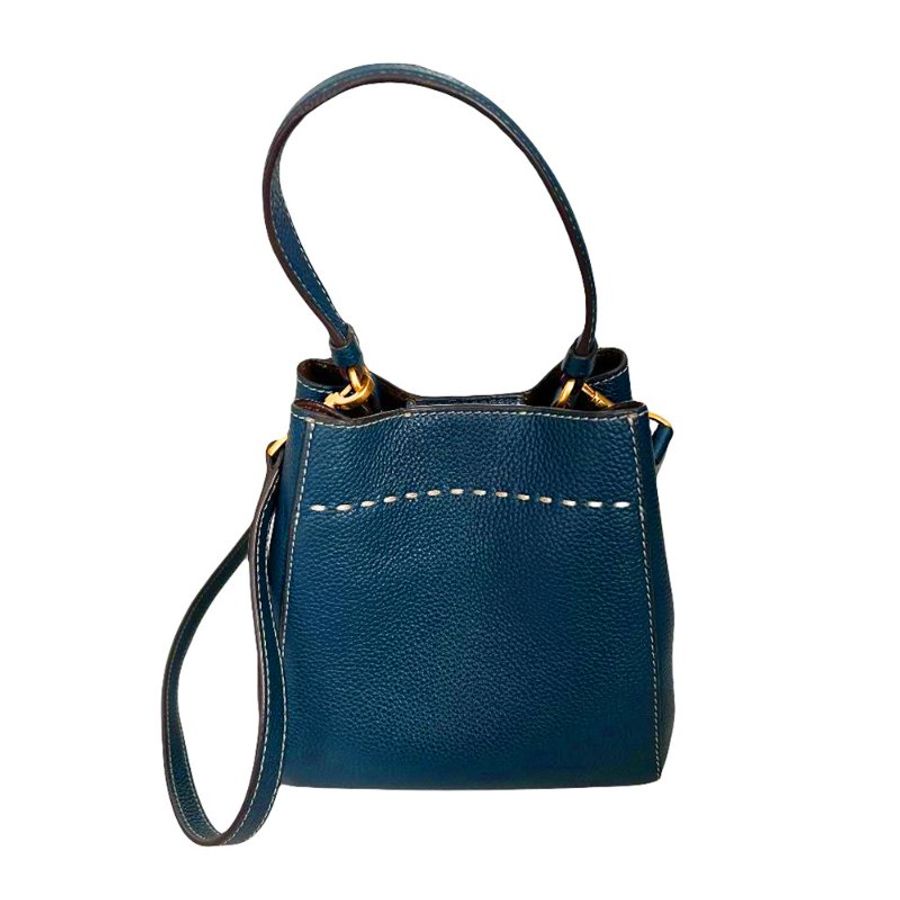【TORY BURCH】荔枝紋皮革水桶包-藍綠色-1