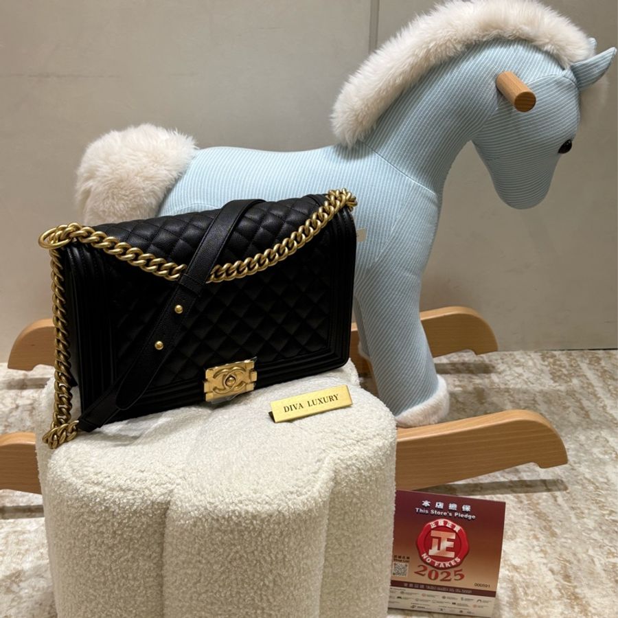 Chanel Boy28 黑金荔枝牛皮 菱格紋 全新❤️🔥-0