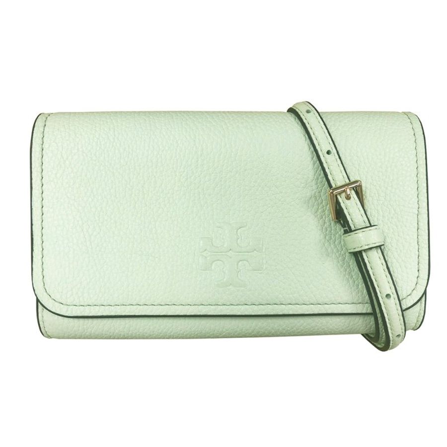 【TORY BURCH】素面皮革翻蓋斜背包-淺草綠色-0