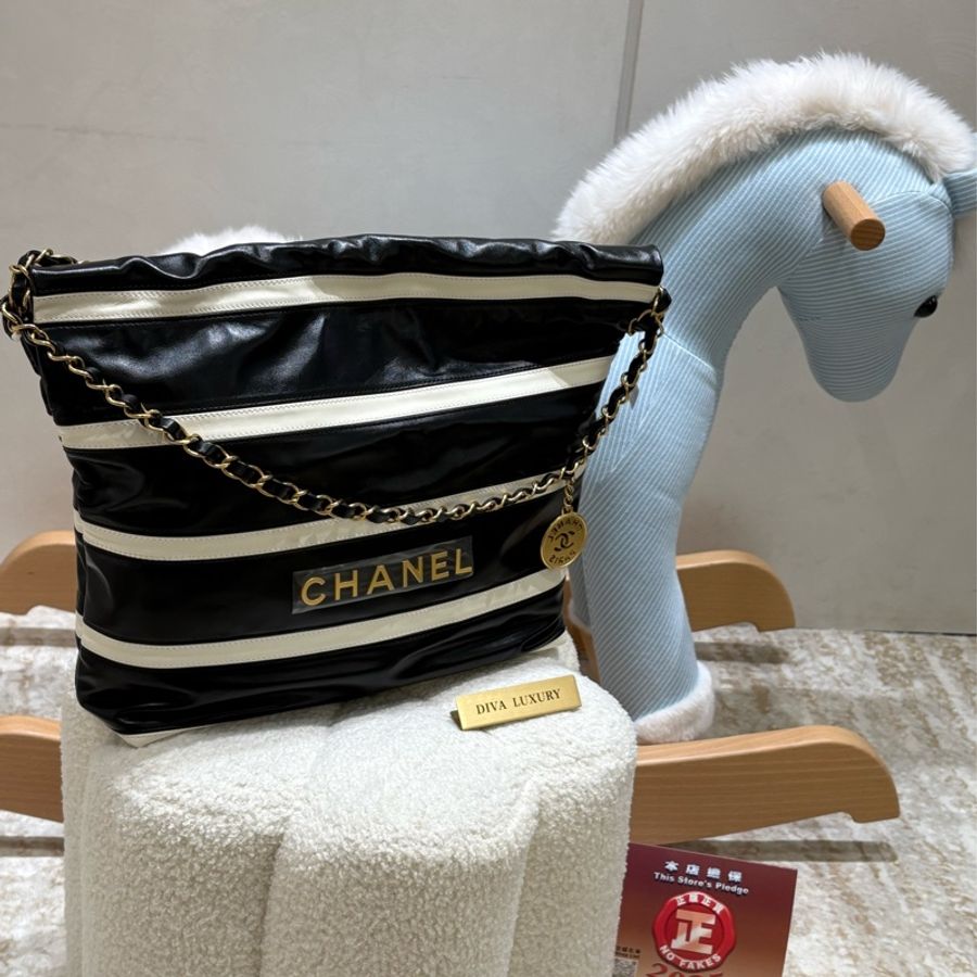 Chanel 22Bag 肩背包 中號 黑白條紋 二手❤️‍🔥-0