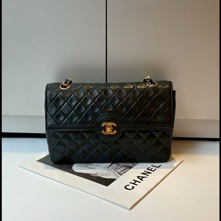 Chanel 金鍊黑羊皮菱格口蓋包 老香 vintage-0