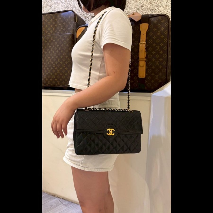 Chanel 金鍊黑羊皮菱格口蓋包 老香 vintage-1