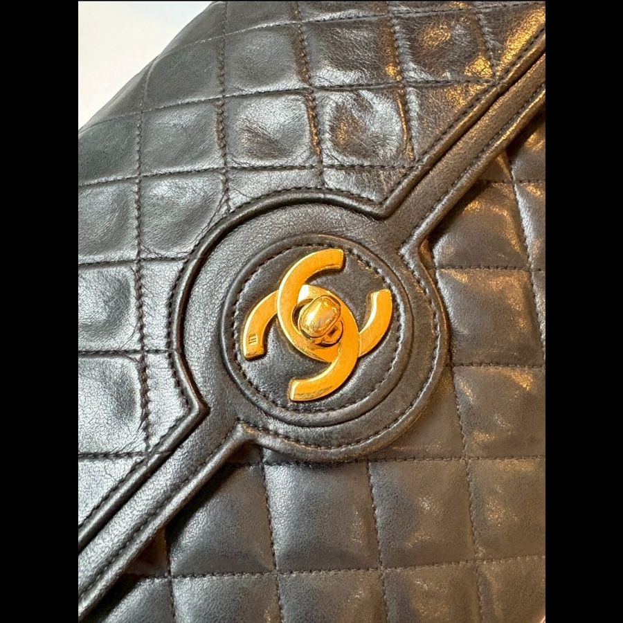 Chanel 金鍊黑羊皮菱格口蓋包 老香 vintage-4