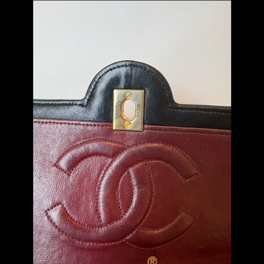 Chanel 金鍊黑羊皮菱格口蓋包 老香 vintage-20