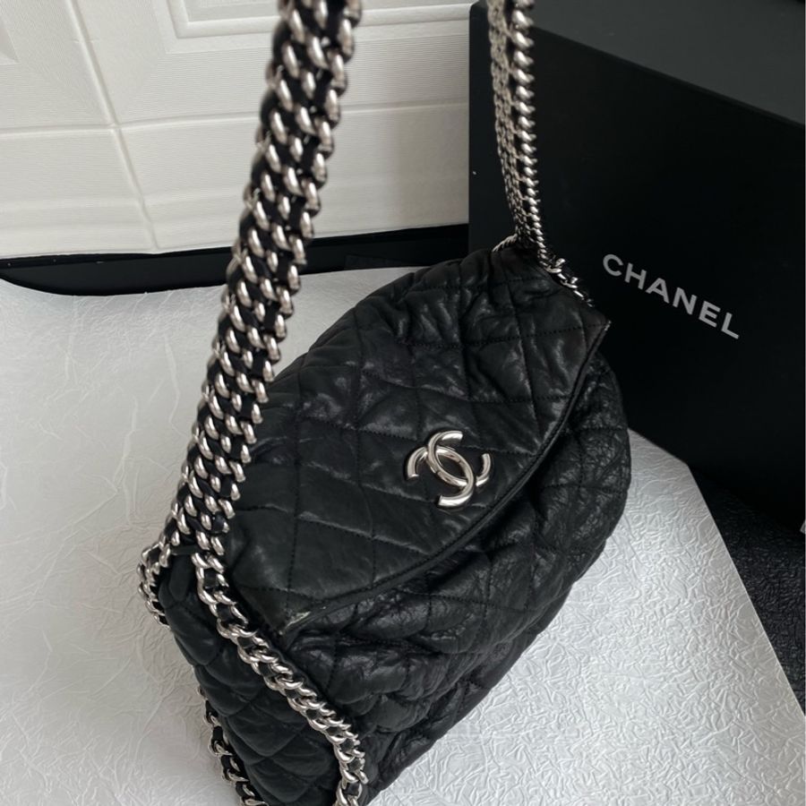 Chanel 黑銀滾邊鏈條hobo punk機場包 滾邊鏈條泡芙嬉皮包飯盒hobo-2