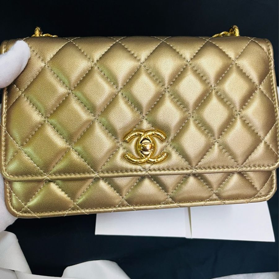Chanel cf woc金色絎縫皮革 鏈條錢包|#斜背包/#晚宴包 #晶片新款 #香檳金色-0