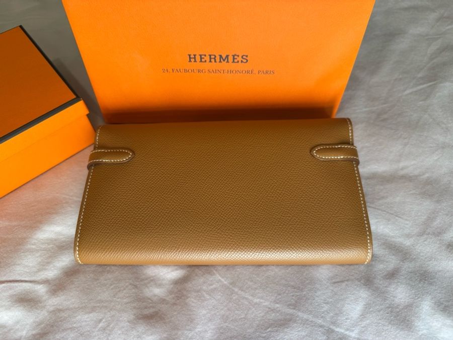 *Hermes kelly 愛馬仕Epsom皮金棕金扣長夾-1