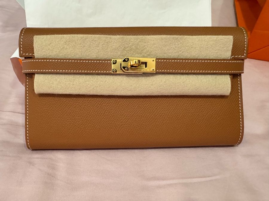 *Hermes kelly 愛馬仕Epsom皮金棕金扣長夾-9