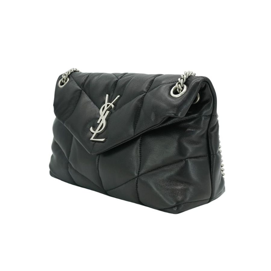 YSL Puffer 銀鍊羊皮肩背/斜背包-小(577476-黑)-1
