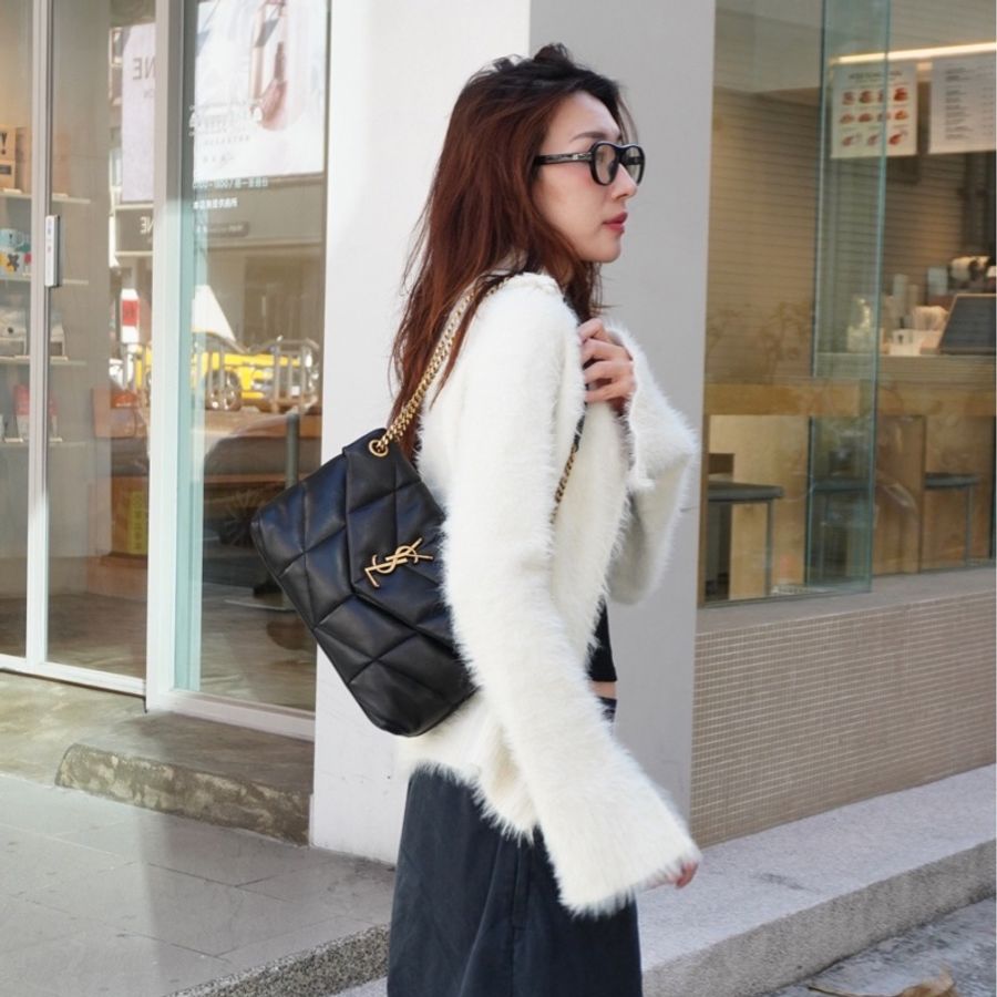 YSL Puffer 金鍊羊皮肩背/斜背包-小(577476-黑)-0