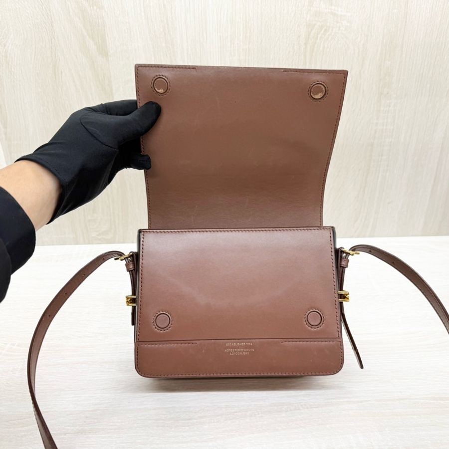 BURBERRY棕色拚黑邊牛皮GRACE下蓋肩側背包8012004-9