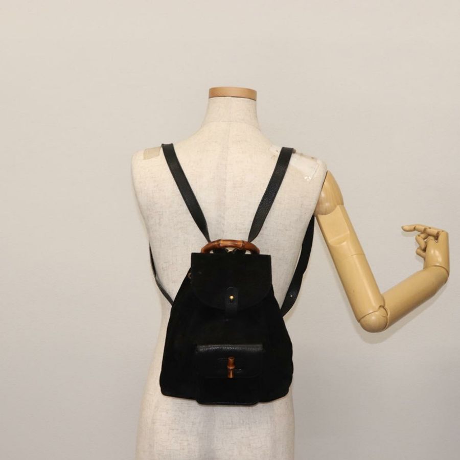 【日本直送】GUCCI 竹編雙肩包 絨面革 黑色 正品 BA6791-24
